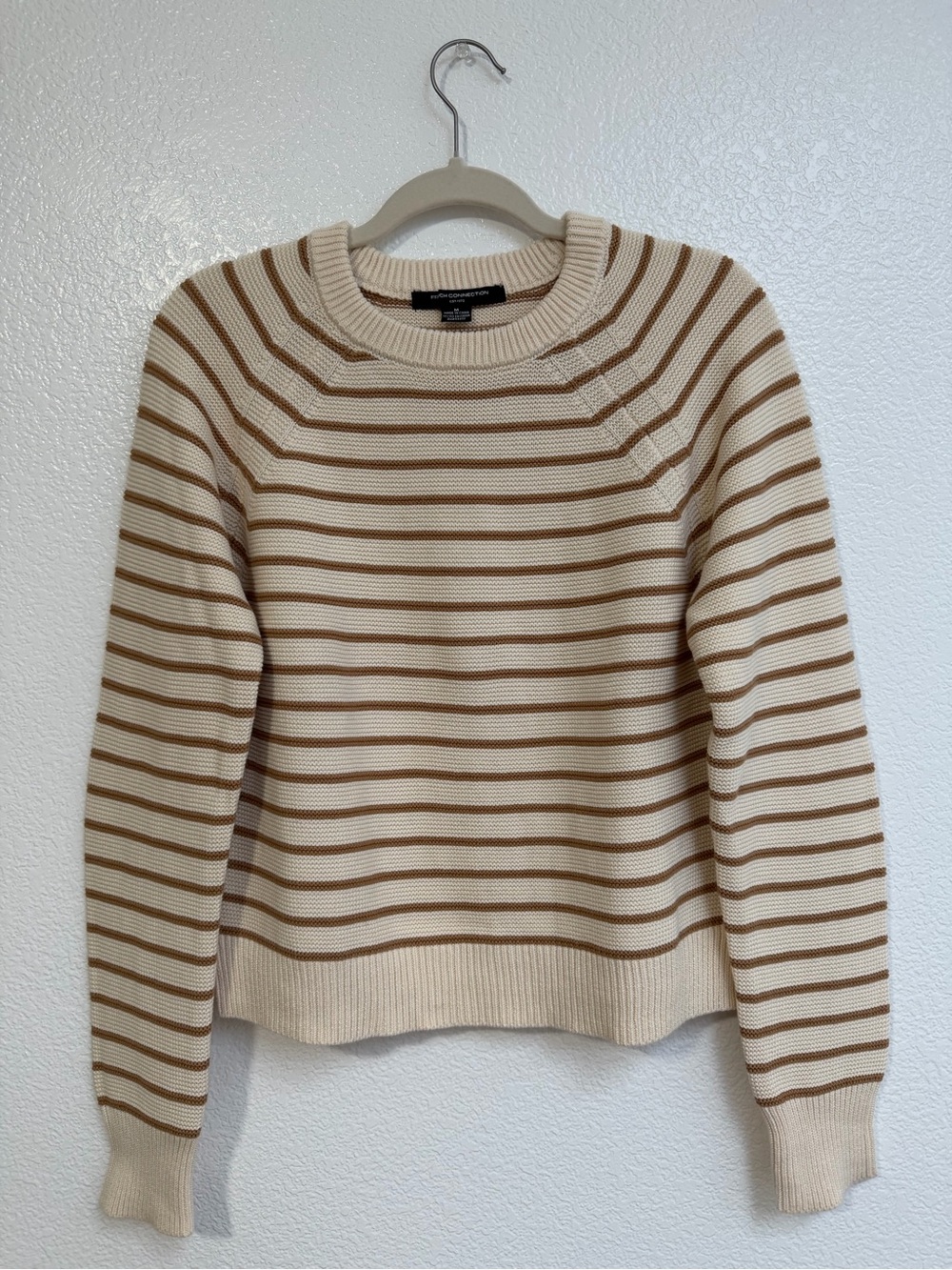 French Connection Cream Brown Striped Cotton Knit Sweater Medium